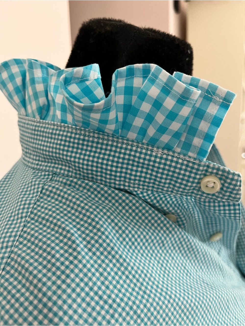 Refashioned Ralph Lauren Teal Gingham Button-Down Ruffle Collar - Picture 5 of 6